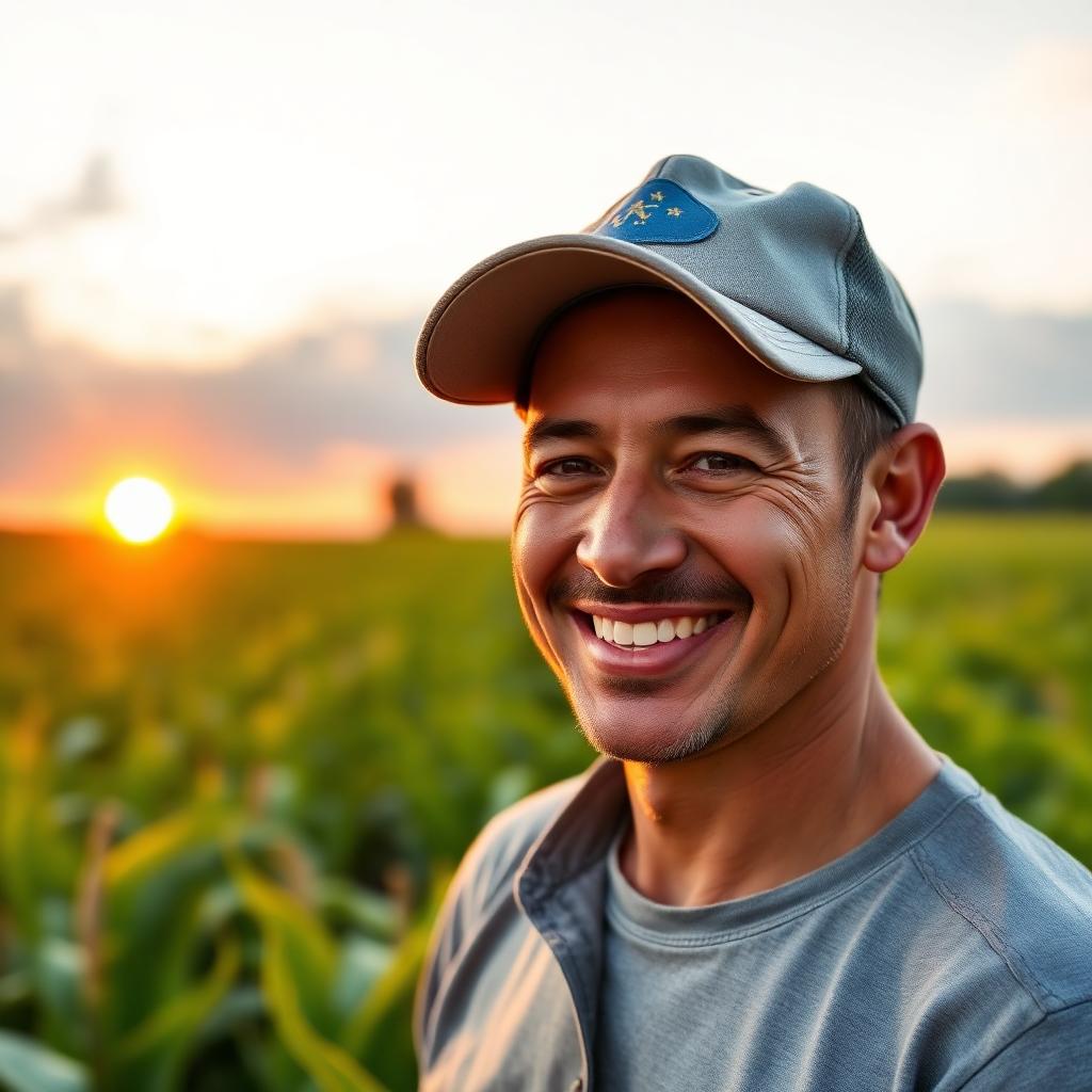 Produtor rural sorrindo em sua plantação