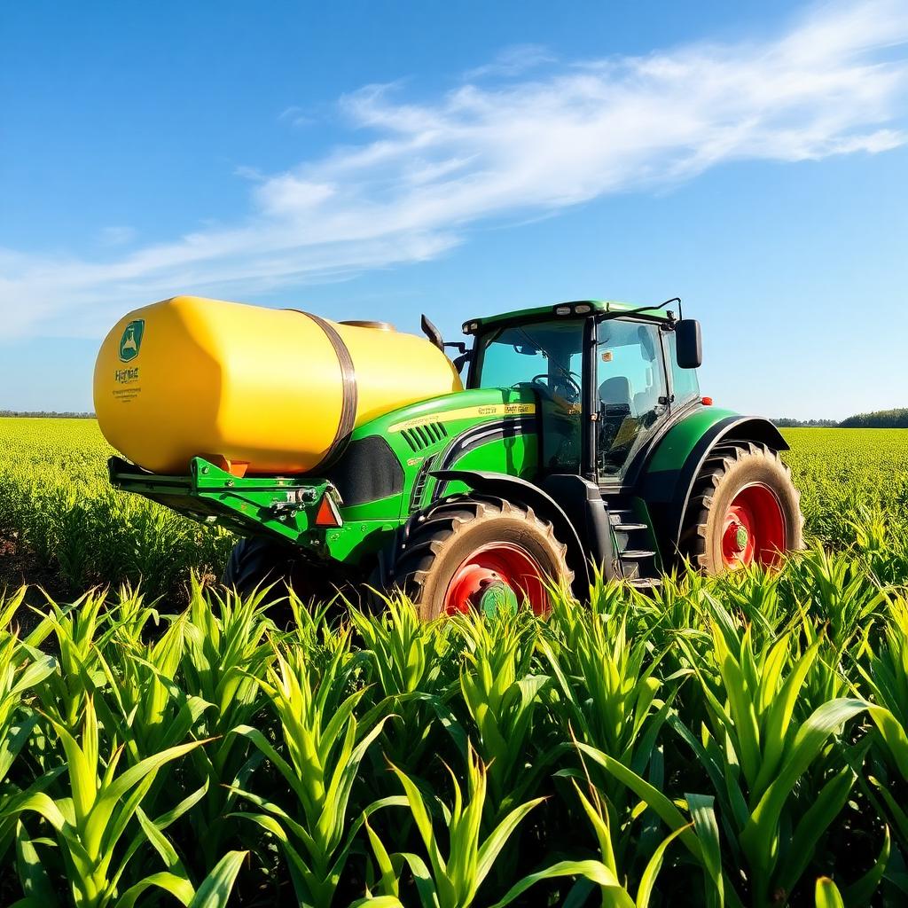Trator aplicando fertilizante em lavoura de milho